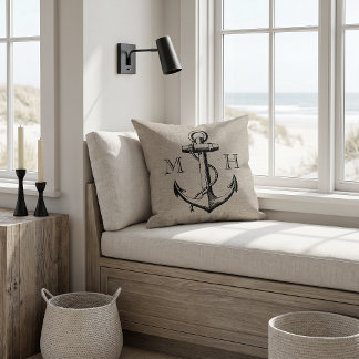 Rustic Vintage Anchor Wedding Monogram Cushion