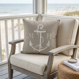 Rustic Vintage Anchor Wedding Monogram Outdoor Cushion
