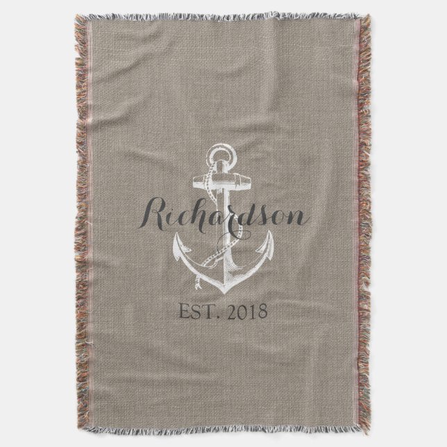 Rustic Vintage Anchor Wedding Monogram Throw Blanket (Front Vertical)