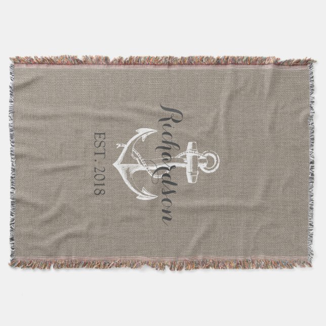 Rustic Vintage Anchor Wedding Monogram Throw Blanket (Front)
