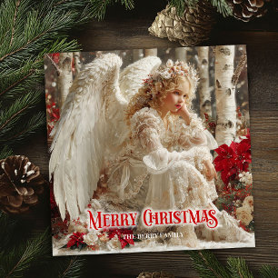 Rustic vintage angel red and gold cheerful greetin holiday card