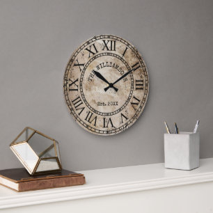 Rustic Vintage Antique Family Name Roman Numeral Large Clock