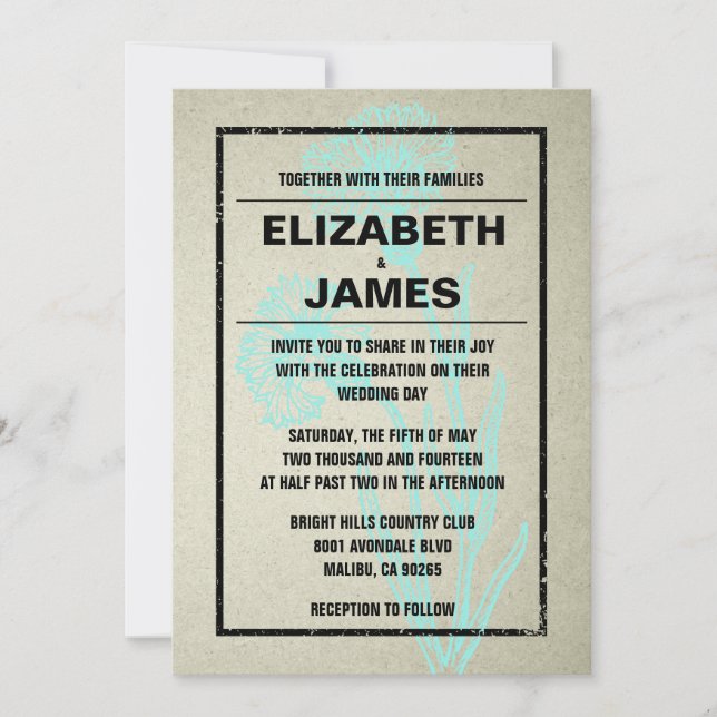 Rustic Vintage Aqua Wedding Invitations (Front)