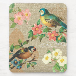 Rustic Vintage Birds and Flowers Shabby Elegance Mouse Pad