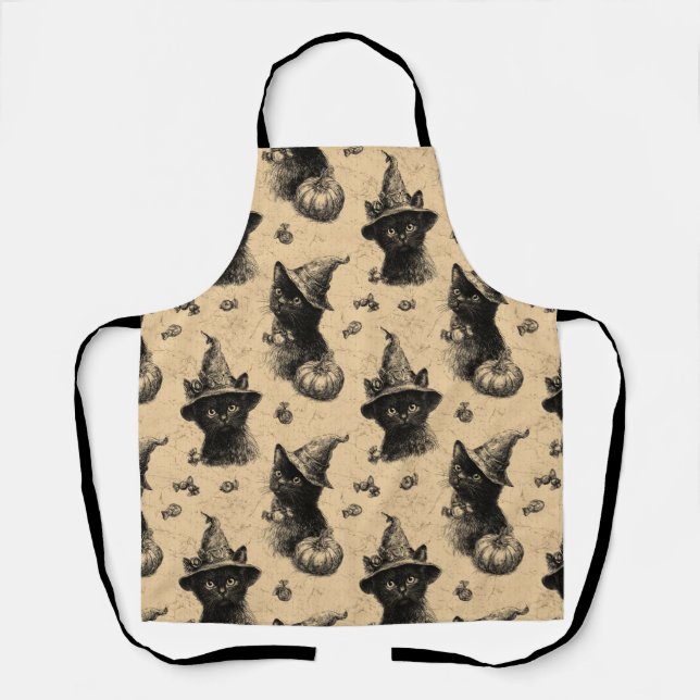 Rustic Vintage Black Cat Witch Halloween Pattern Apron (Front)