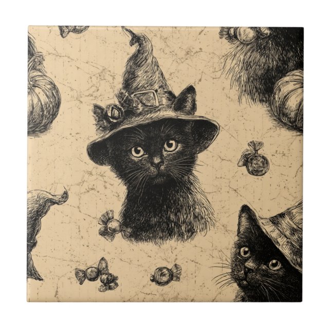 Rustic Vintage Black Cat Witch Halloween Pattern Tile (Front)