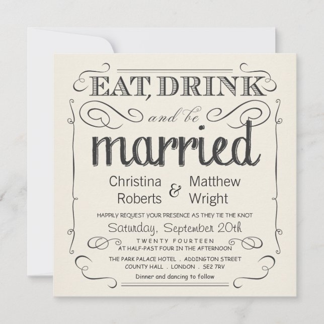 Rustic Vintage Black & Cream Wedding Invitations (Front)