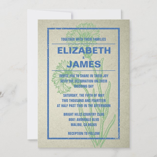 Rustic Vintage Blue And Green Wedding Invitations (Front)