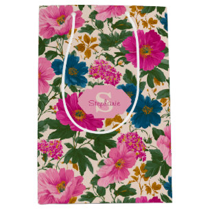 Rustic Vintage Blue and Pink Floral Pattern Medium Gift Bag