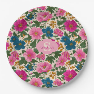 Rustic Vintage Blue and Pink Floral Pattern Paper Plate