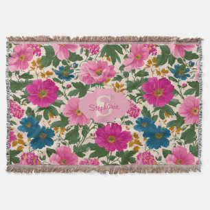 Rustic Vintage Blue and Pink Floral Pattern Throw Blanket