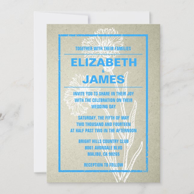 Rustic Vintage Blue And White Wedding Invitations (Front)