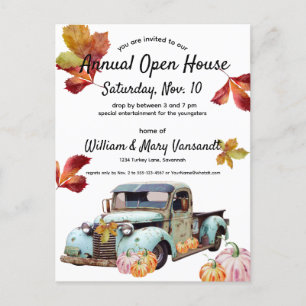 Rustic Vintage Blue Truck Autumn Leaves Open House Holiday Postcard
