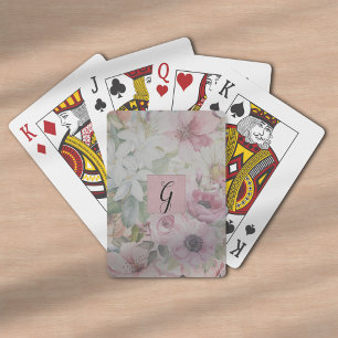 Rustic Vintage Blush Pink Floral Pattern Monogram Playing Cards