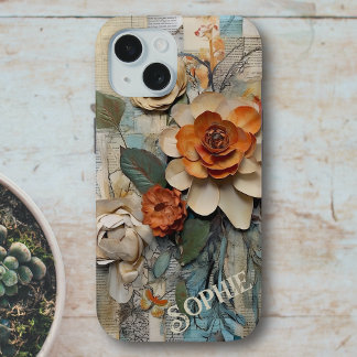 Rustic Vintage Botanical Collage Personalised Name iPhone 15 Case