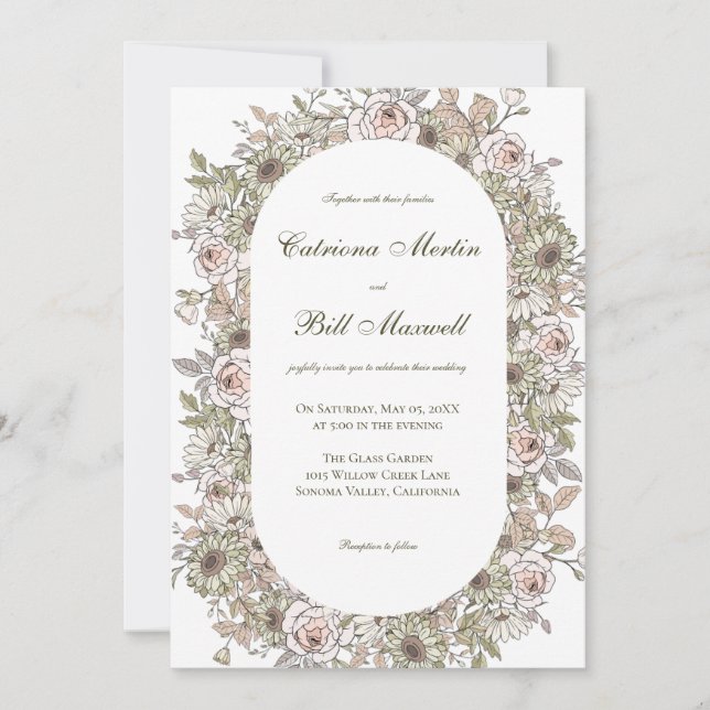 Rustic Vintage Botanical Floral Wedding Invitation (Front)