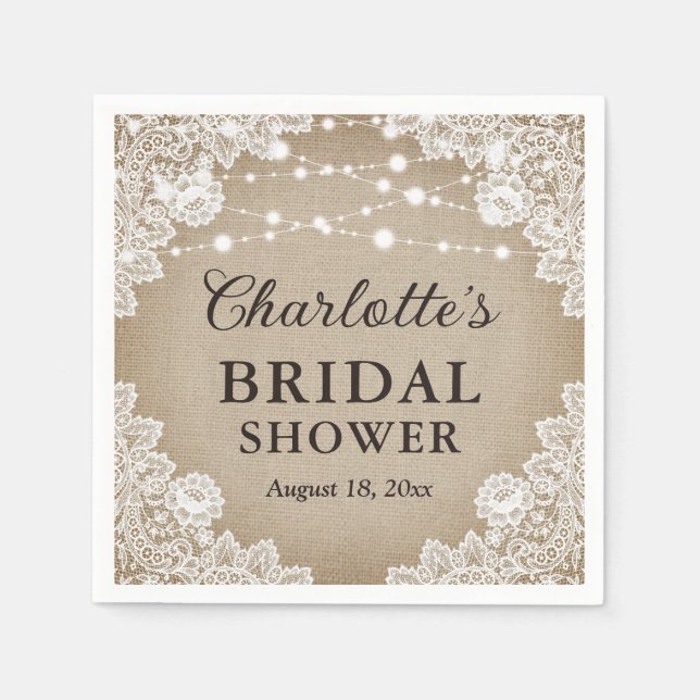 Rustic Vintage Burlap Lace Bridal Shower Napkins (Front)