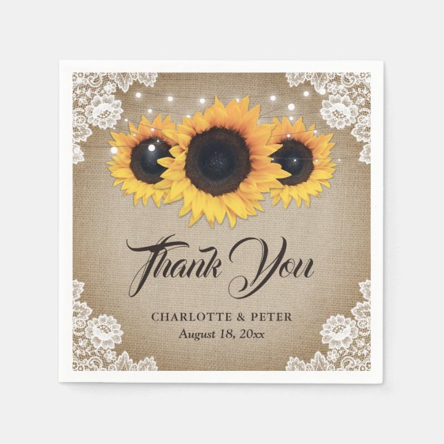 Rustic Vintage Burlap Lace Sunflower Wedding Napkin (Front)