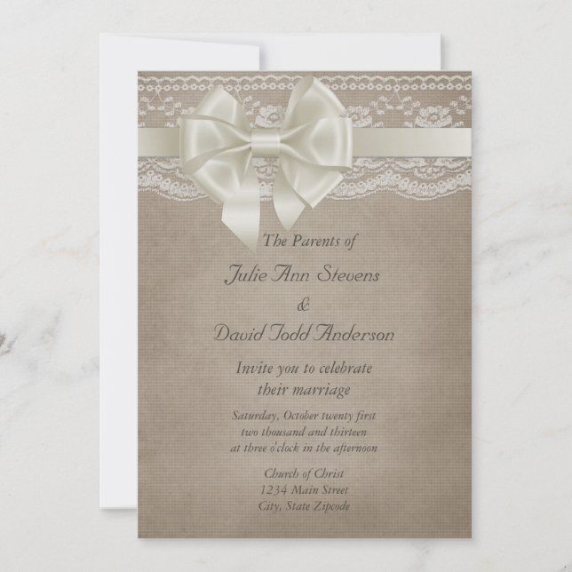 Rustic Vintage Burlap & Lace Wedding Invitation (Front)