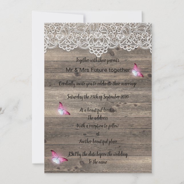 Rustic vintage butterfly wedding invitation (Front)