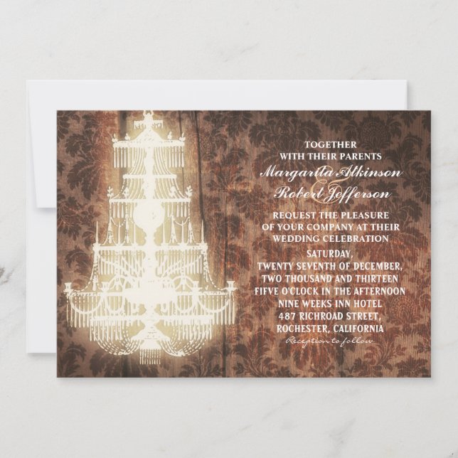 rustic vintage chandelier wedding invitations (Front)