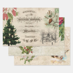 Rustic Vintage Christmas Ephemera Collage Wrapping Paper Sheet