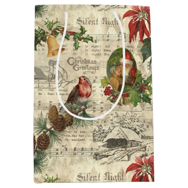 Rustic Vintage Christmas Music Floral Ephemera Medium Gift Bag (Front)