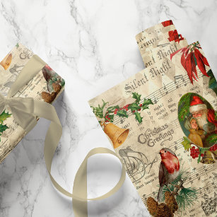 Rustic Vintage Christmas Music Floral Ephemera Wrapping Paper