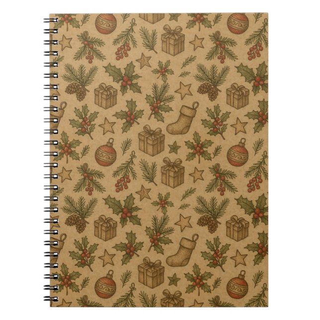 Rustic, vintage Christmas patterned Notebook (Front)