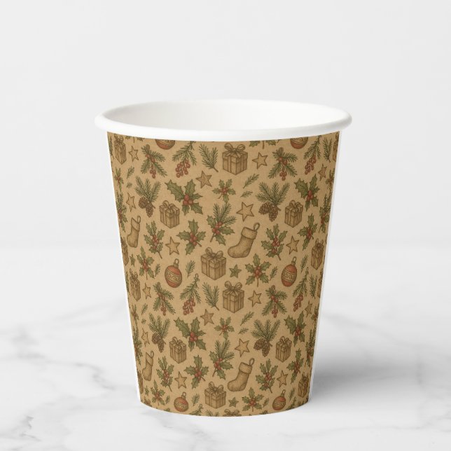 Rustic, vintage Christmas patterned Paper Cups (Front)