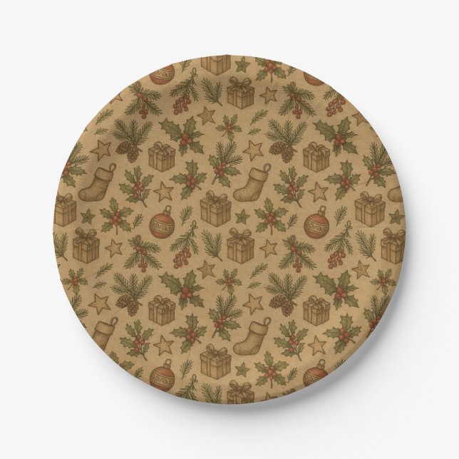 Rustic, vintage Christmas patterned Paper Plate (Front)