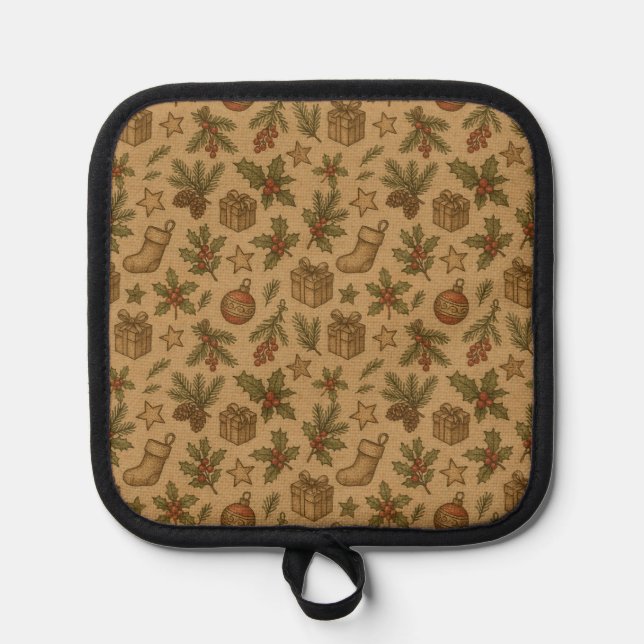 Rustic, vintage Christmas patterned Pot Holder (Front)