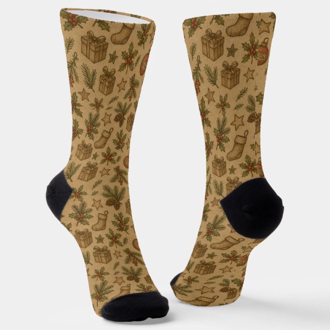 Rustic, vintage Christmas patterned Socks (Angled)