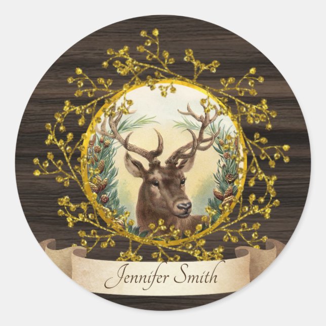 Rustic Vintage Christmas Stag Personalised Classic Round Sticker (Front)