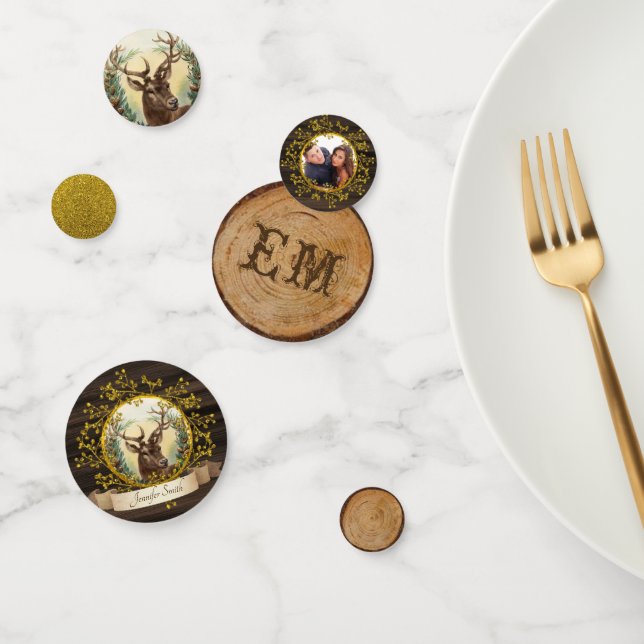 Rustic Vintage Christmas Stag Photo Gold Monogram Confetti (Group)