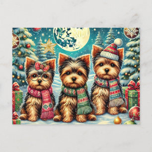 Rustic Vintage Christmas Terrier Yorkshire Dog Holiday Postcard
