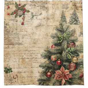 Rustic Vintage Christmas Tree Pinecone Pattern Shower Curtain