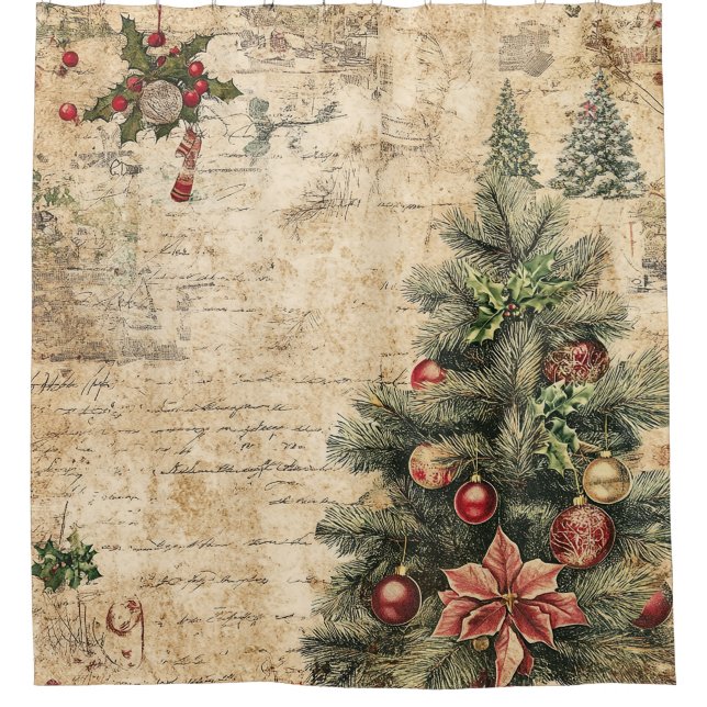 Rustic Vintage Christmas Tree Pinecone Pattern Shower Curtain (Front)
