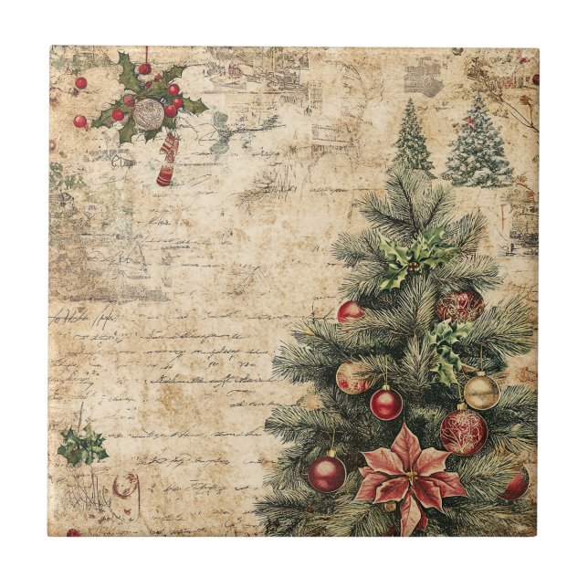 Rustic Vintage Christmas Tree Pinecone Pattern Tile (Front)