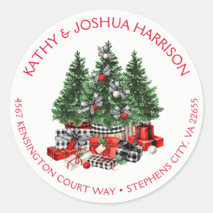 Rustic Vintage Christmas Trees Packages Address Classic Round Sticker