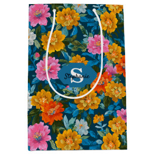 Rustic Vintage Colourful Floral Pattern in Blue (2 Medium Gift Bag