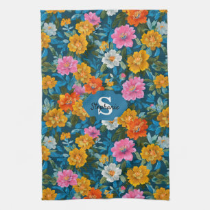 Rustic Vintage Colourful Floral Pattern in Blue (2 Tea Towel