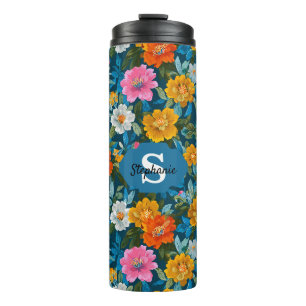 Rustic Vintage Colourful Floral Pattern in Blue (2 Thermal Tumbler