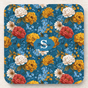 Rustic Vintage Colourful Floral Pattern in Blue Coaster