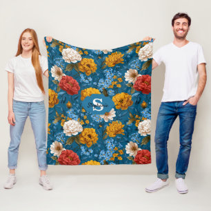 Rustic Vintage Colourful Floral Pattern in Blue Fleece Blanket