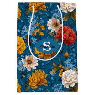 Rustic Vintage Colourful Floral Pattern in Blue Medium Gift Bag