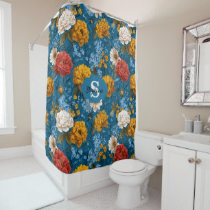 Rustic Vintage Colourful Floral Pattern in Blue Shower Curtain