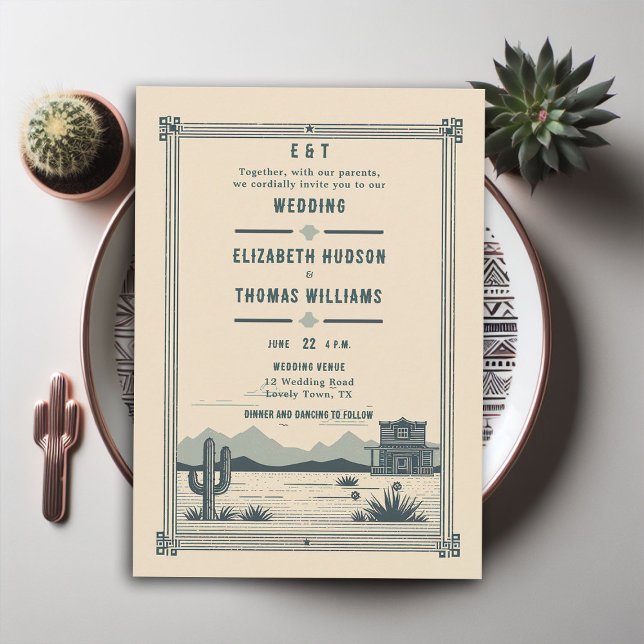 Rustic Vintage Cowboy Wedding Barn Cactus Teal Invitation (rustic vintage cowboy wedding invitation cactus desert illustration barn backyard outdoor)