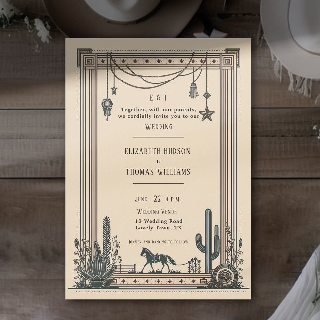 Rustic Vintage Cowboy Wedding Horse Cactus Frame Invitation (rustic vintage cowboy wedding invitation cactus horse elegant frame barn backyard outdoor)