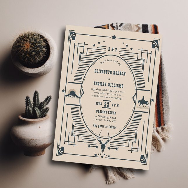 Rustic Vintage Cowboy Wedding Western Country Invitation (rustic vintage cowboy wedding invitation country chic western elegant frame navy beige)